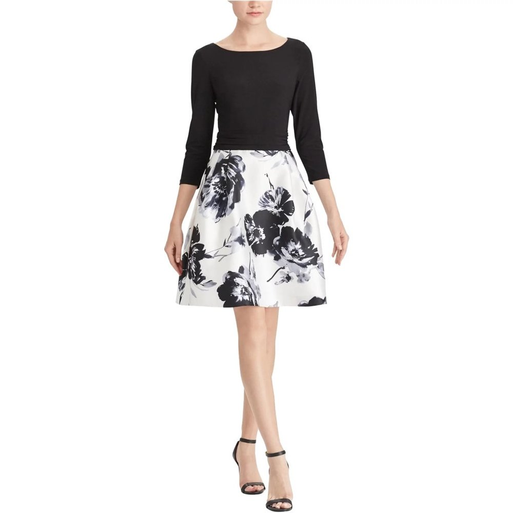 American Living Womens Floral Jacquard A-line Dress, Black & White